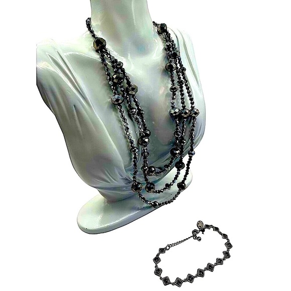 Vintage Sparkly Silver Tone Bracelet & Multi-Strand Beaded Necklace Set N65 - Picture 1 of 7